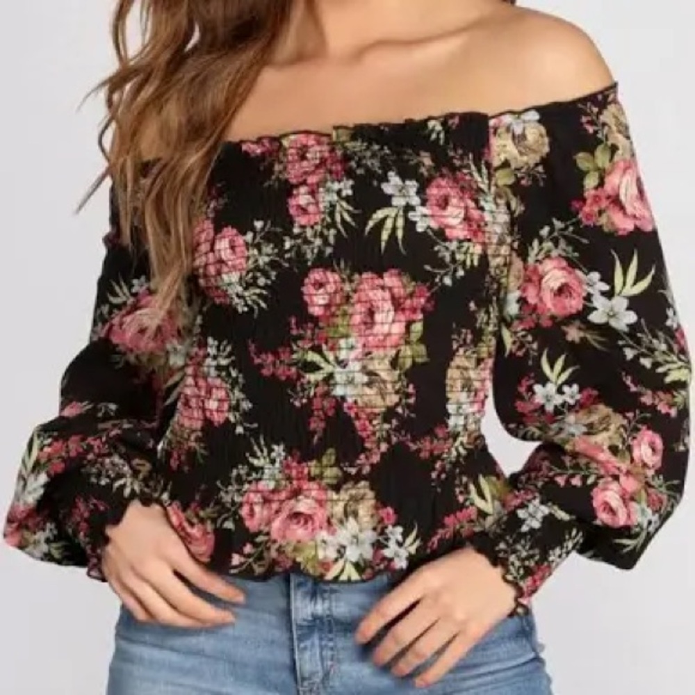 Windsor Black and Orange Fitted Blouse with Long Sleeves and Smocked Design